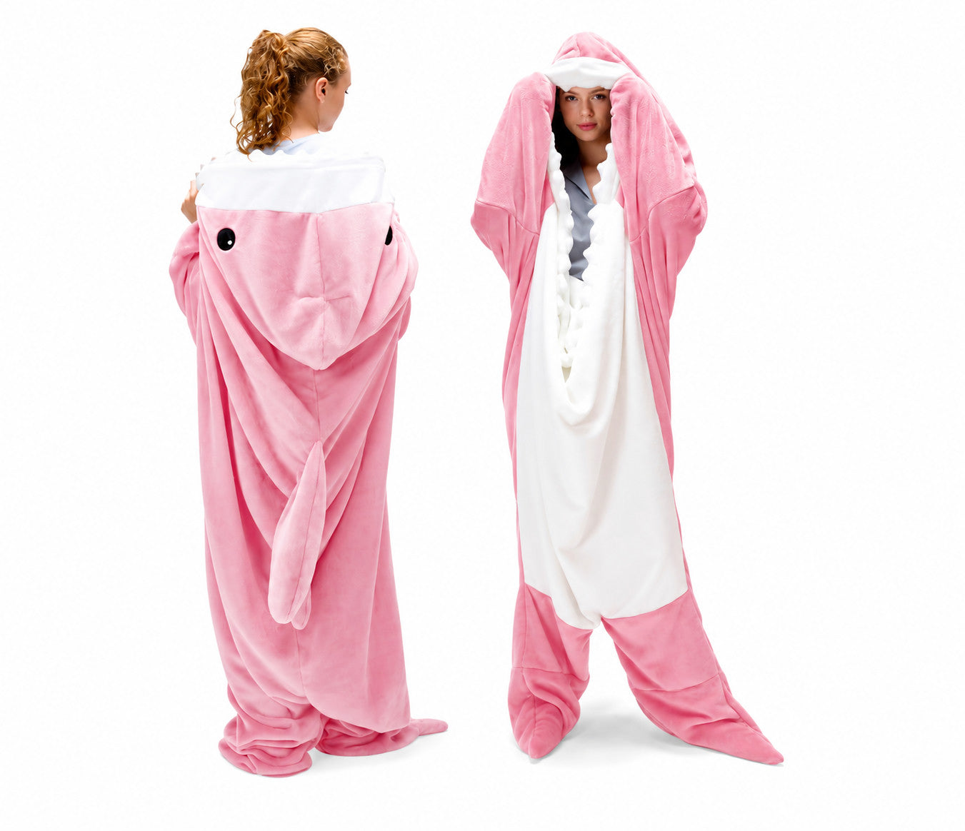 Sharkkuddle onesie shown from the back and front