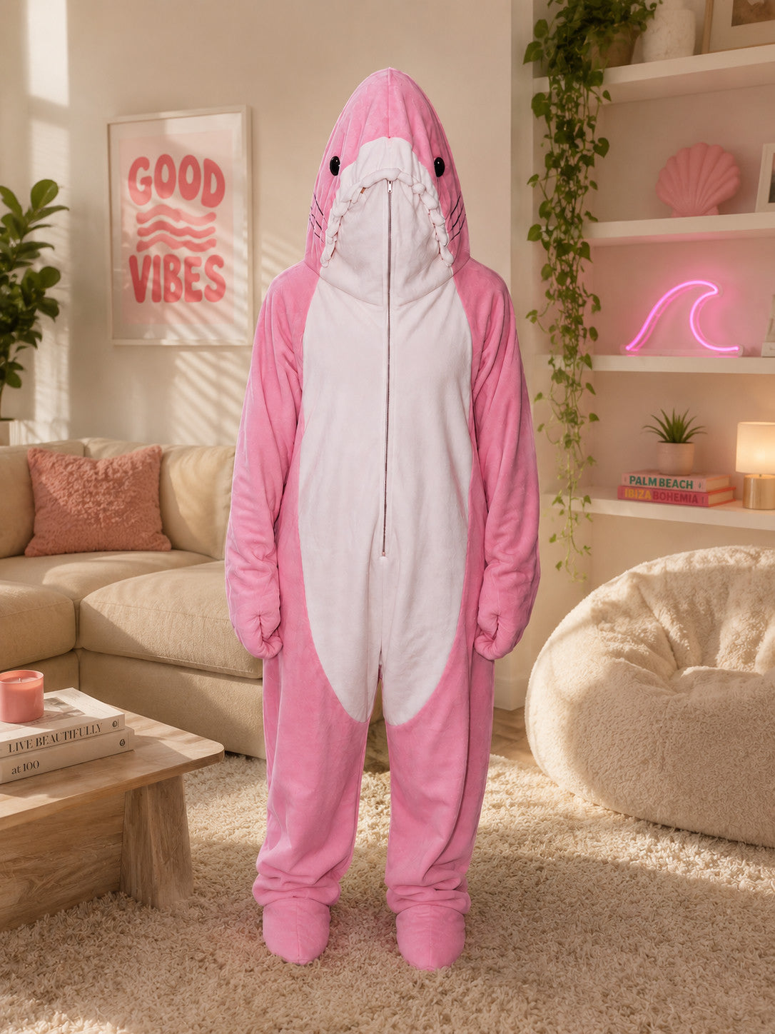 Sharkkuddle onesie worn in a cozy living room