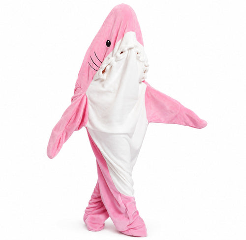 Sharkkuddle wearable shark blanket onesie, pink, side view
